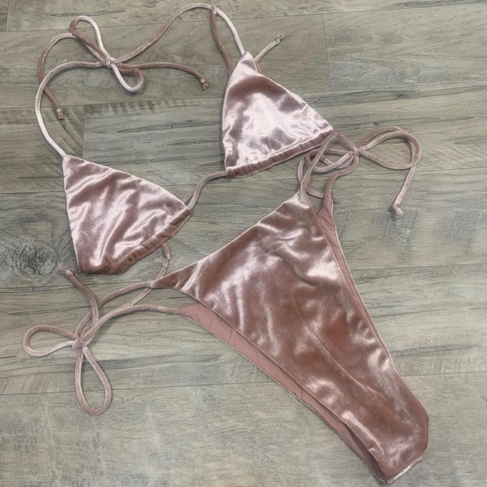 MESHKI Velvet Bikini Set in Shimmering Pink